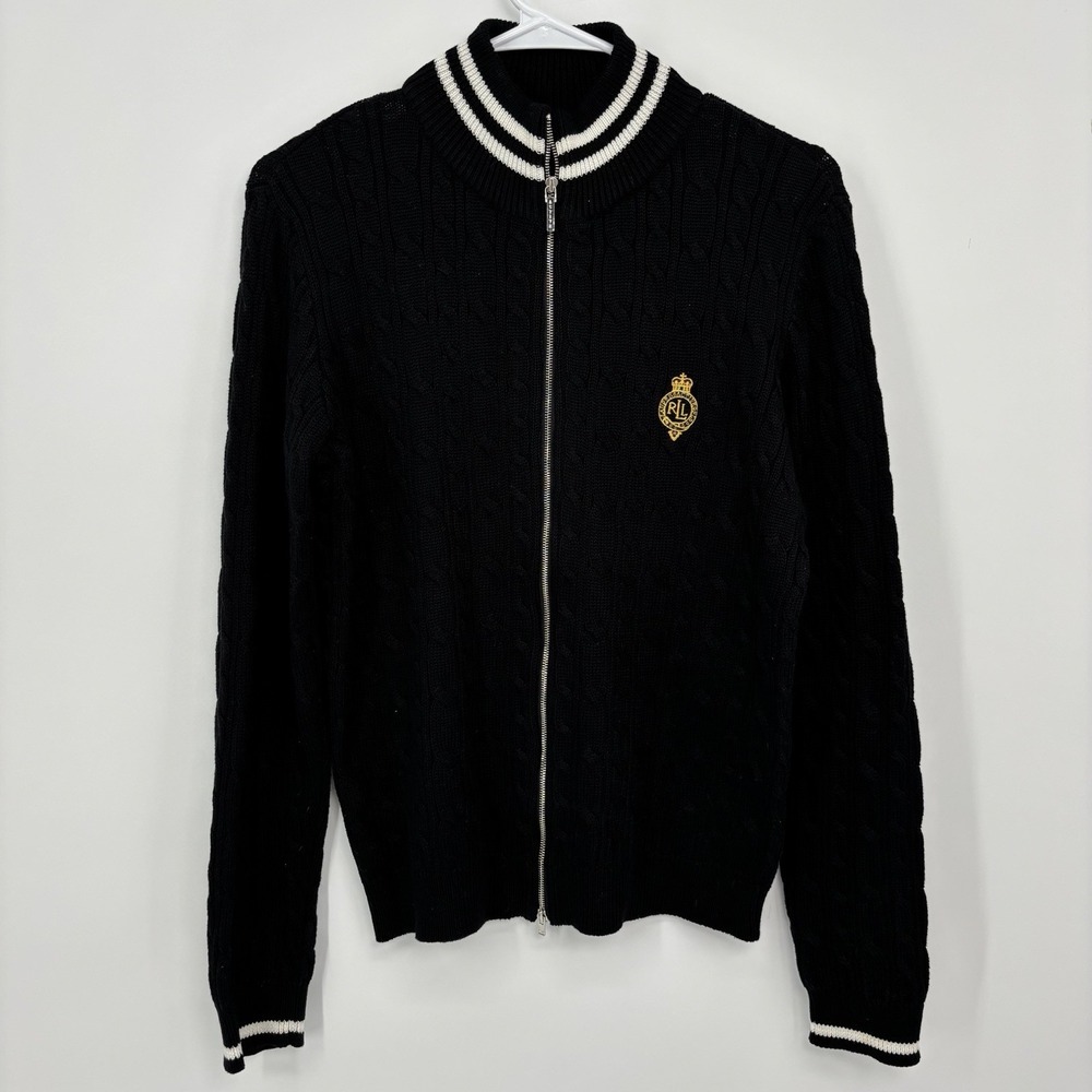 Lauren Ralph Lauren Black Cable Knit Sweater Jacket Full Zip Crest Women's Large